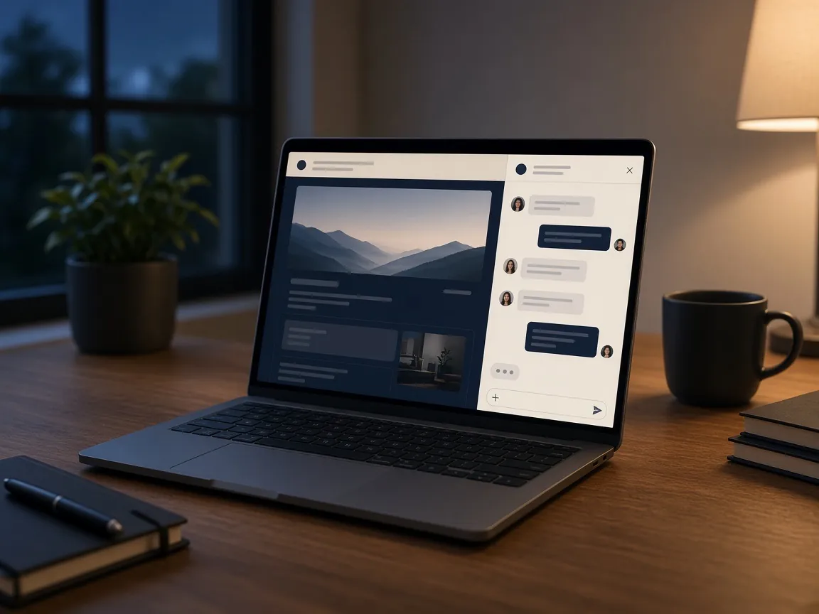 A website chat panel open on a laptop in evening light