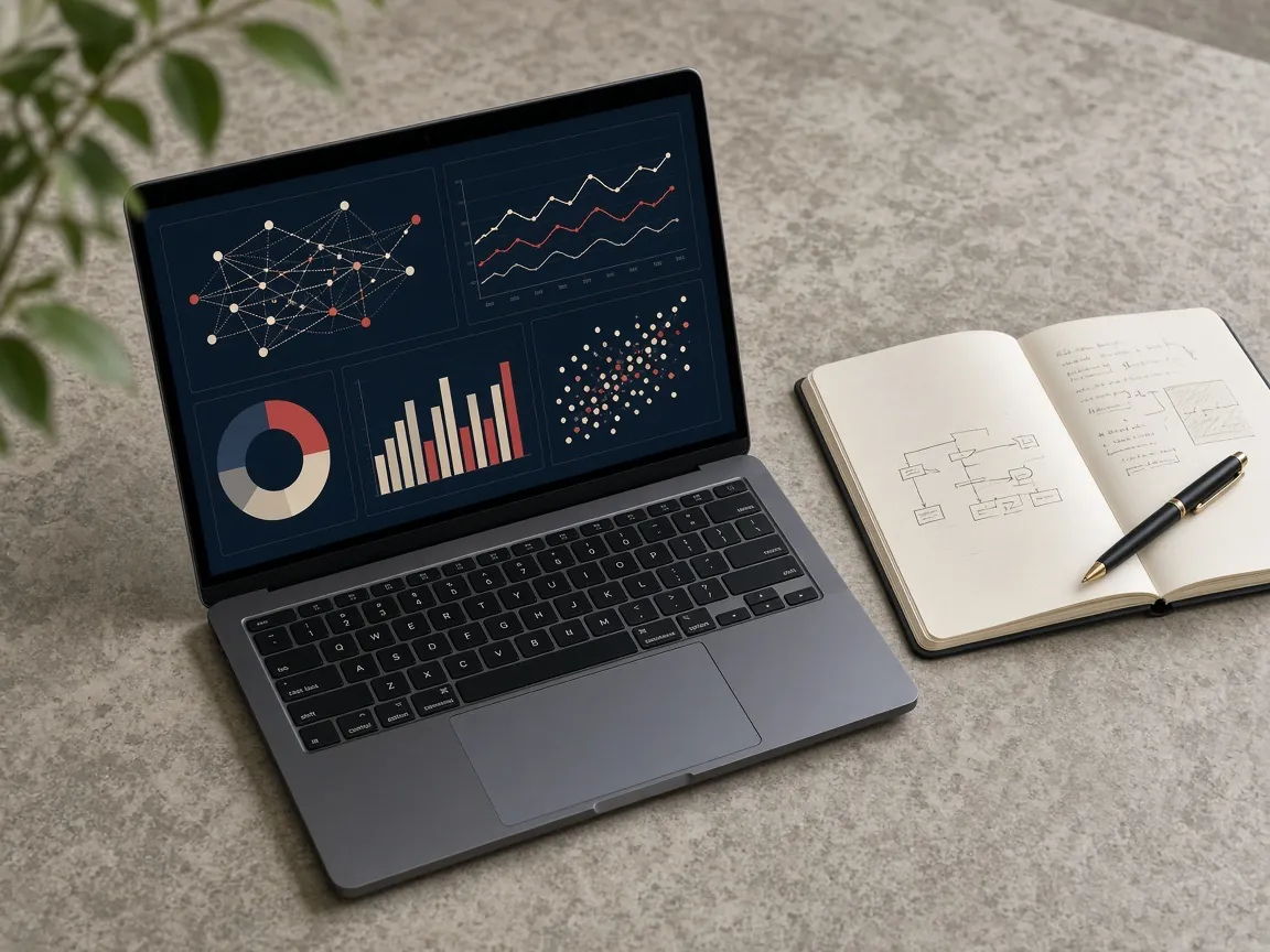 Search and analytics planning on a laptop beside a notebook