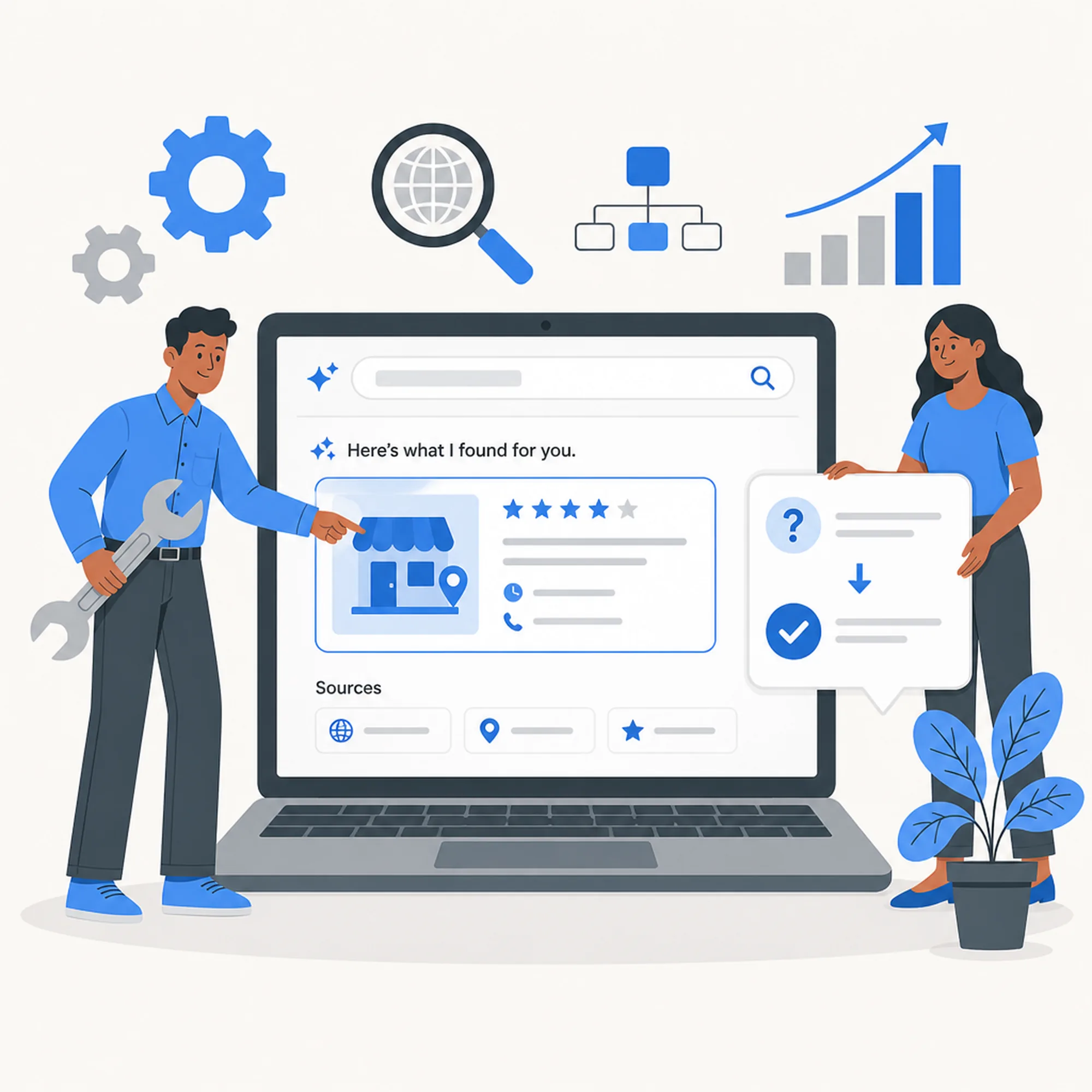 Illustration of specialists improving how a business appears in AI-powered search and answer platforms