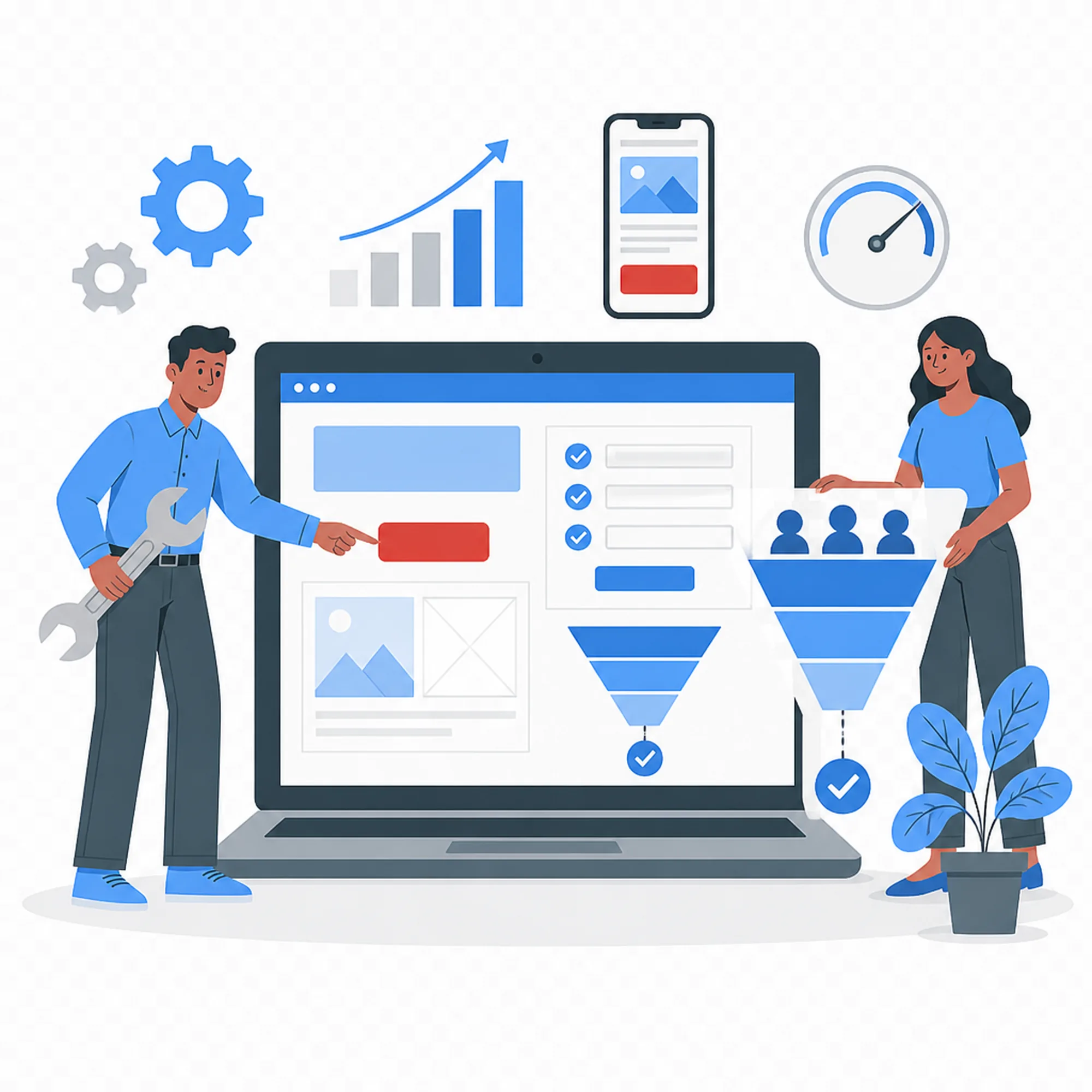 Illustration of specialists fixing website calls to action, forms, and conversion funnel performance