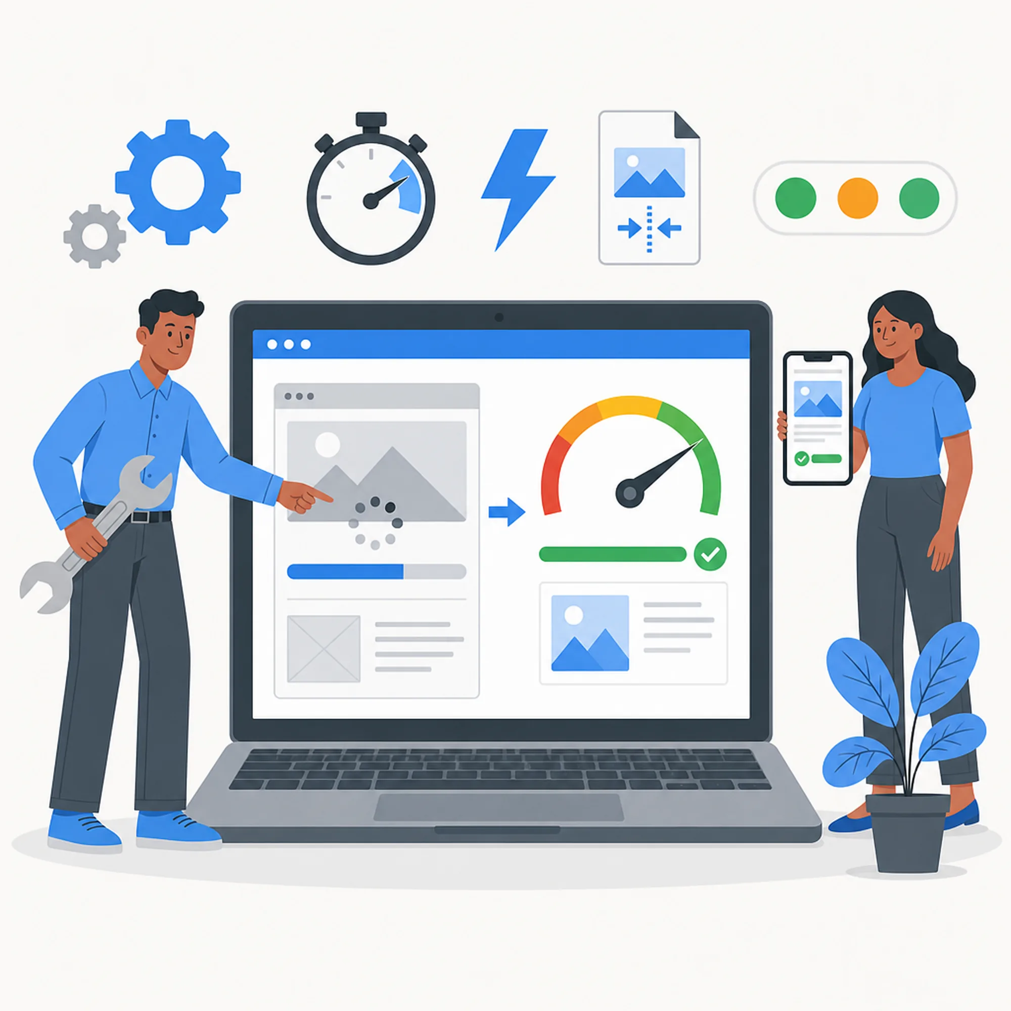 Illustration of specialists speeding up a website for desktop and mobile visitors